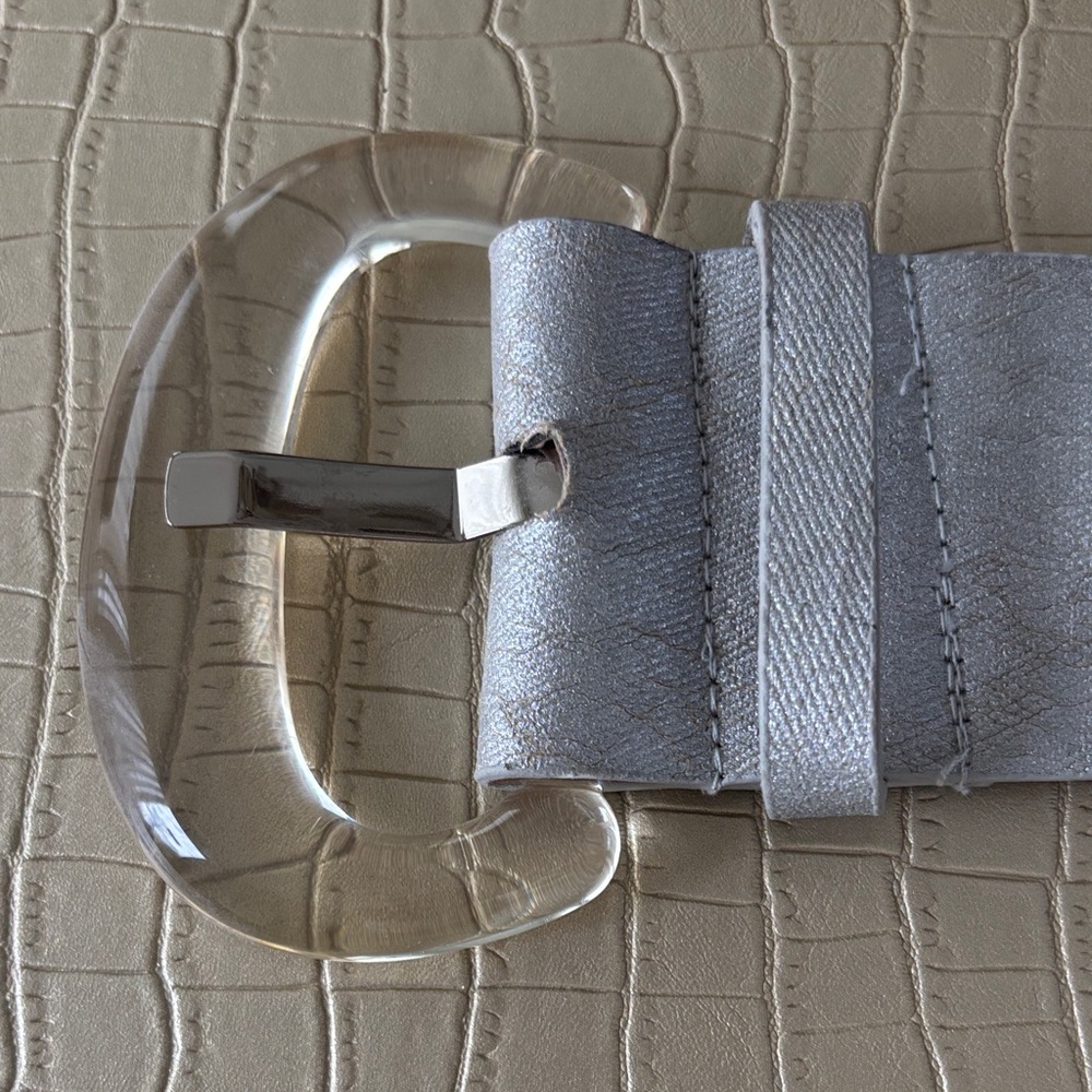 Chico's Metallic Silver Belt with Clear Buckle